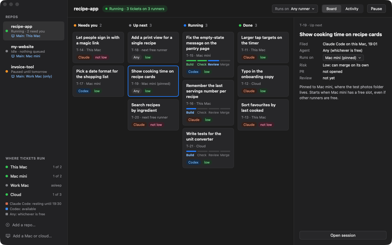 The Runway window: a board of tickets in four columns, Needs you, Up next, Running and Done, with the Macs and cloud they run on listed in the sidebar.