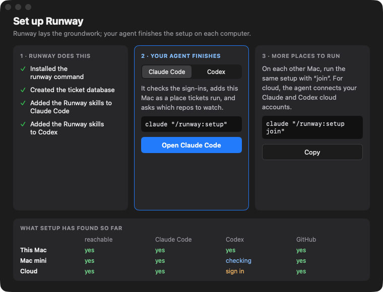 The first-run screen: Runway installs its command and skills, your agent finishes setup, and a table shows which Macs and agents are ready.